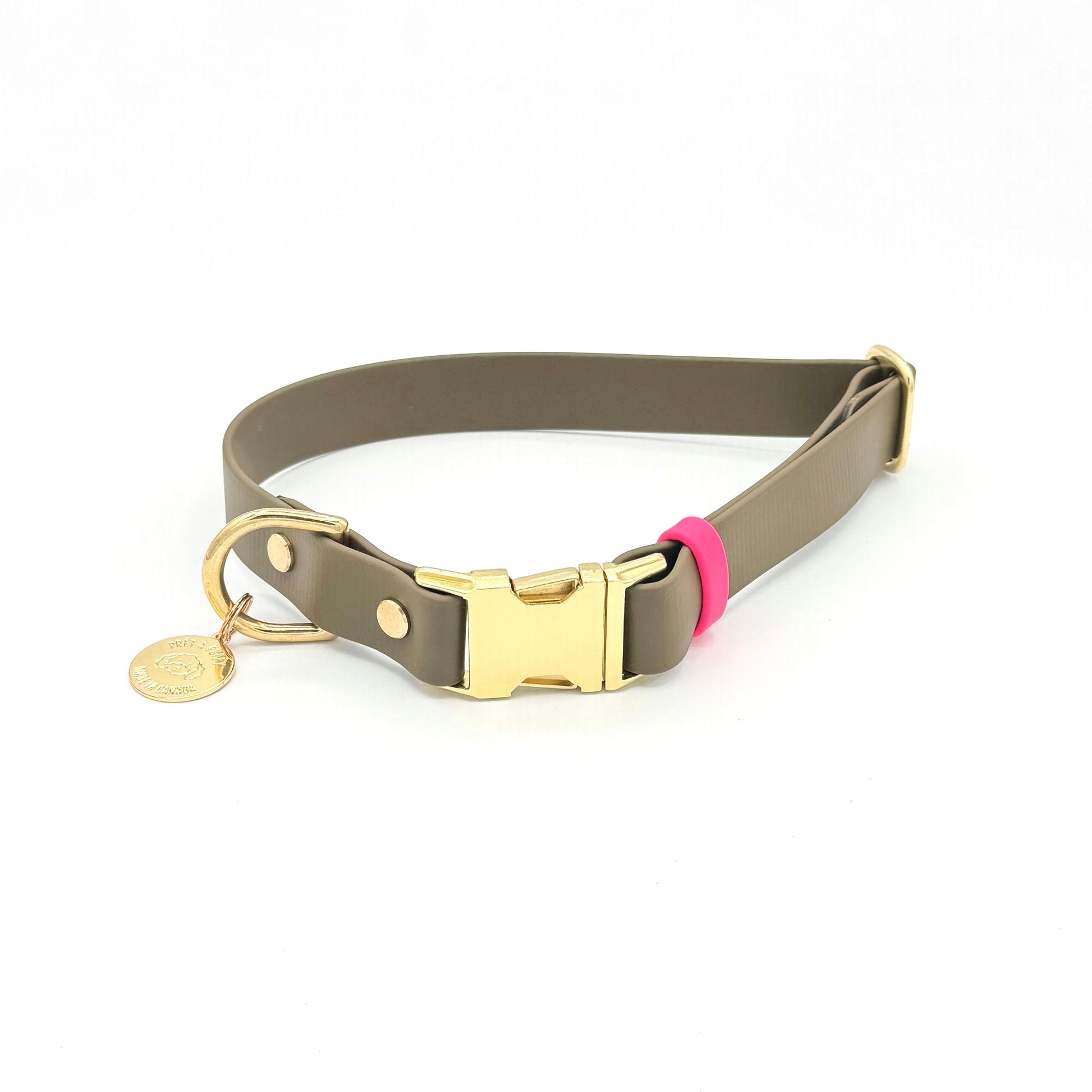 Adjustable Biothane Quick Release Dog Collar Gold Hardware, Olive Green Hot Pink 