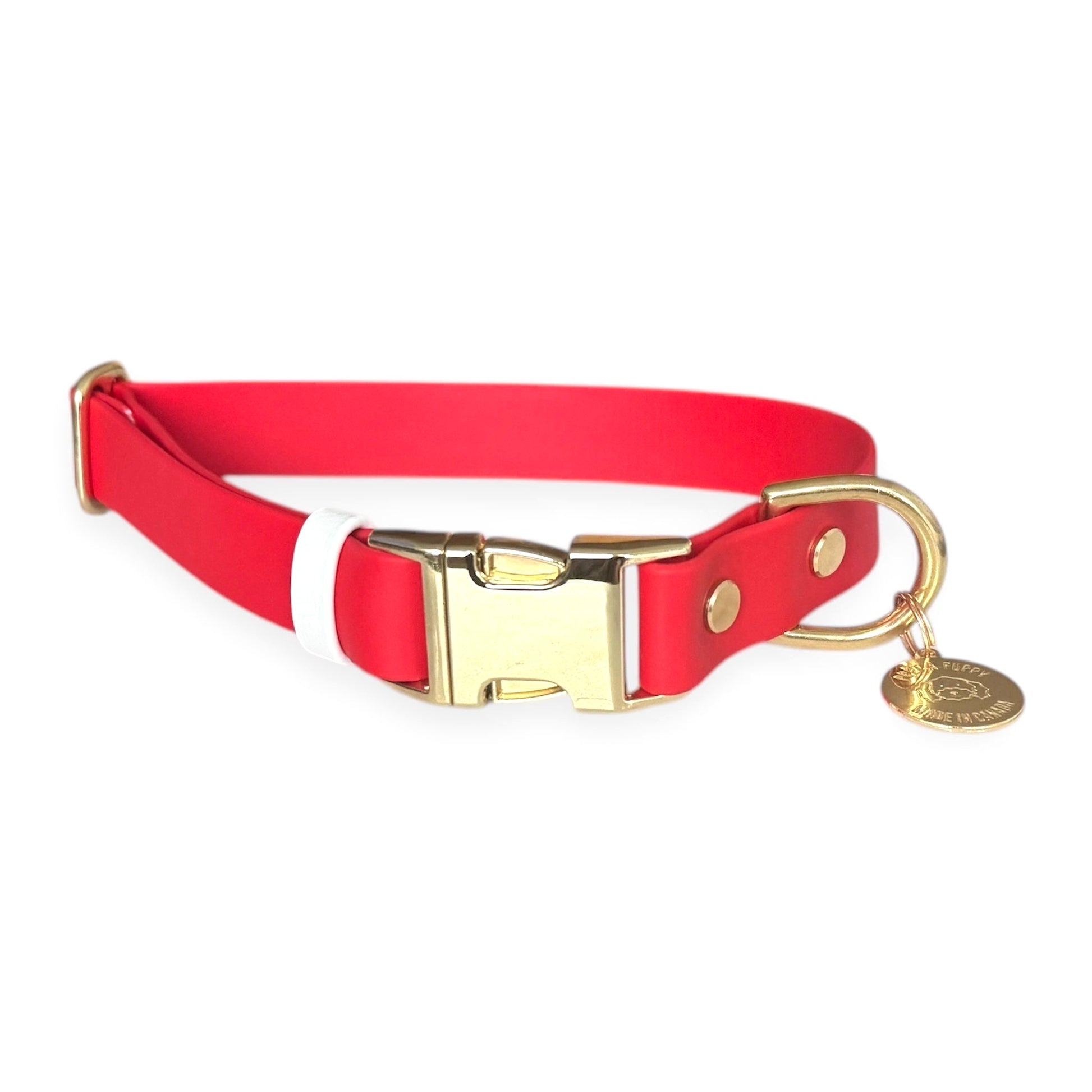 Adjustable Biothane Quick Release Dog Collar Gold Hardware, Red