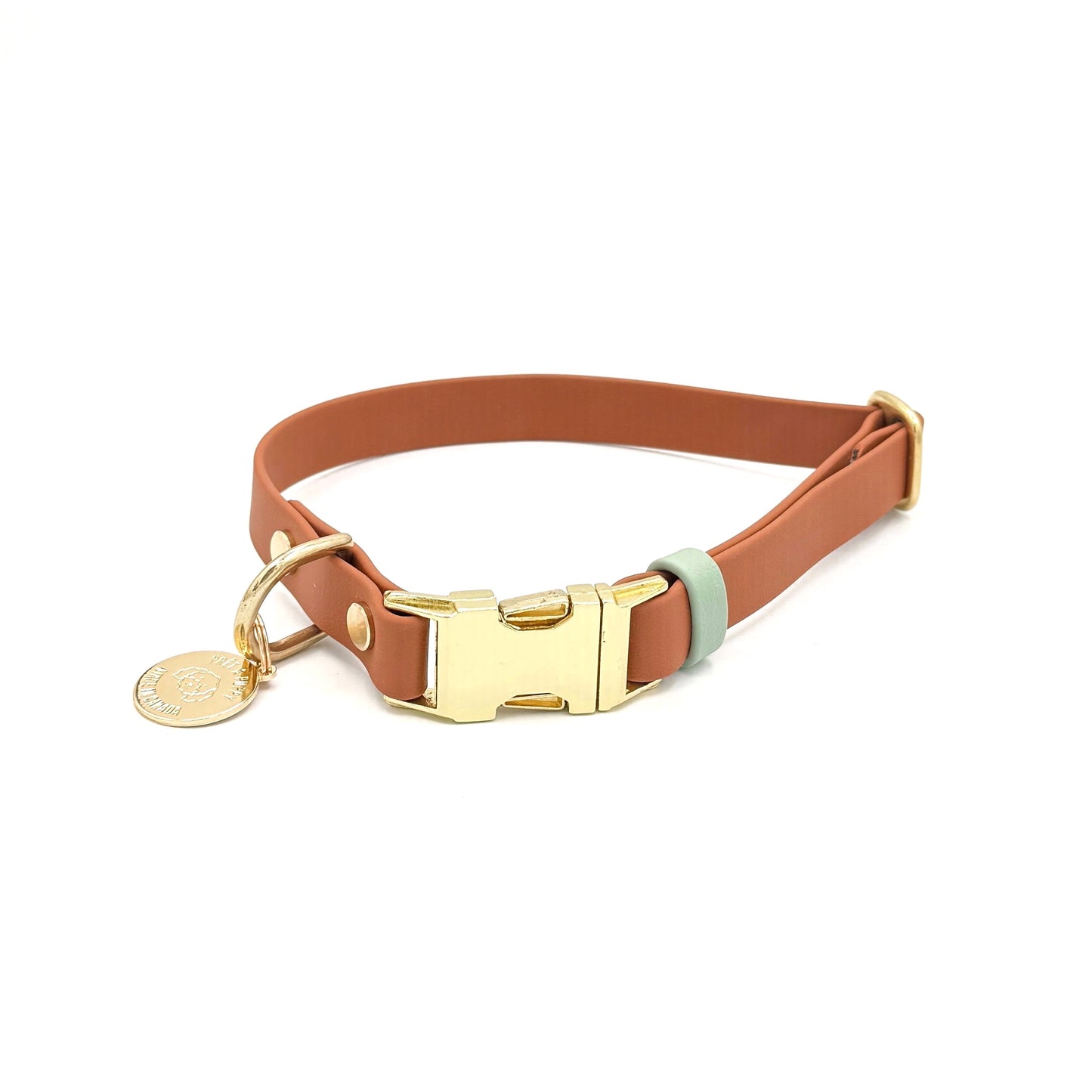 Adjustable Biothane Quick Release Dog Collar Gold Hardware, Tan Brown and Sage Green