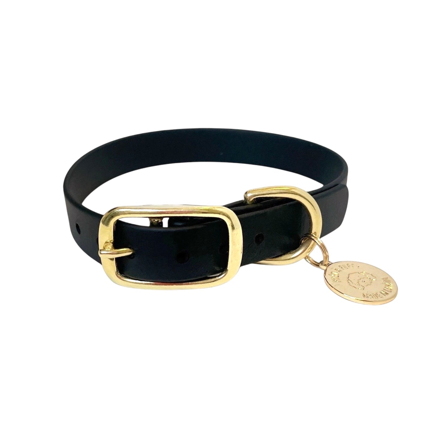 Stylish black dog collar made from high-quality vegan leather, featuring elegant gold hardware. This waterproof collar is soft to the touch, ensuring comfort for your pet while providing durability for everyday use. Ideal for pet owners looking for a fashionable, and long-lasting accessory for their dog.
