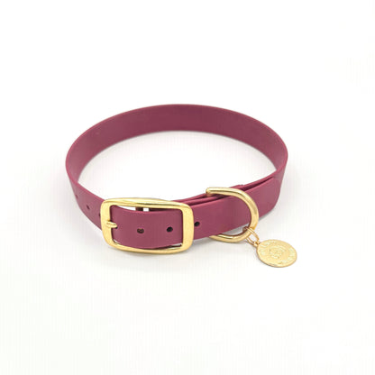 Stylish burgundy dog collar made from high-quality vegan leather, featuring elegant gold hardware. This waterproof collar is soft to the touch, ensuring comfort for your pet while providing durability for everyday use. Ideal for pet owners looking for a fashionable, and long-lasting accessory for their dog.