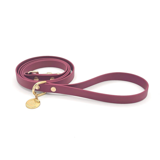 Stylish burgundy dog leash made from high-quality vegan leather, featuring elegant gold hardware. This waterproof leash is soft to the touch, ensuring comfort for pet owners while providing durability for everyday walks. Ideal for pet owners looking for a fashionable, and long-lasting accessory for their dog