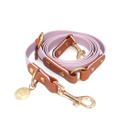 Two-tone Biothane hands-free dog leash with gold hardware, waterproof and versatile for waist or crossbody wear