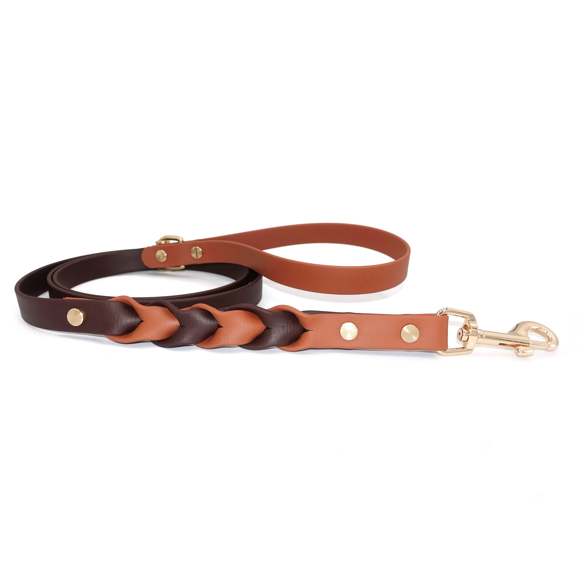 Biothane braided dog leash with gold hardware, waterproof and durable, stylish for everyday walks, brown