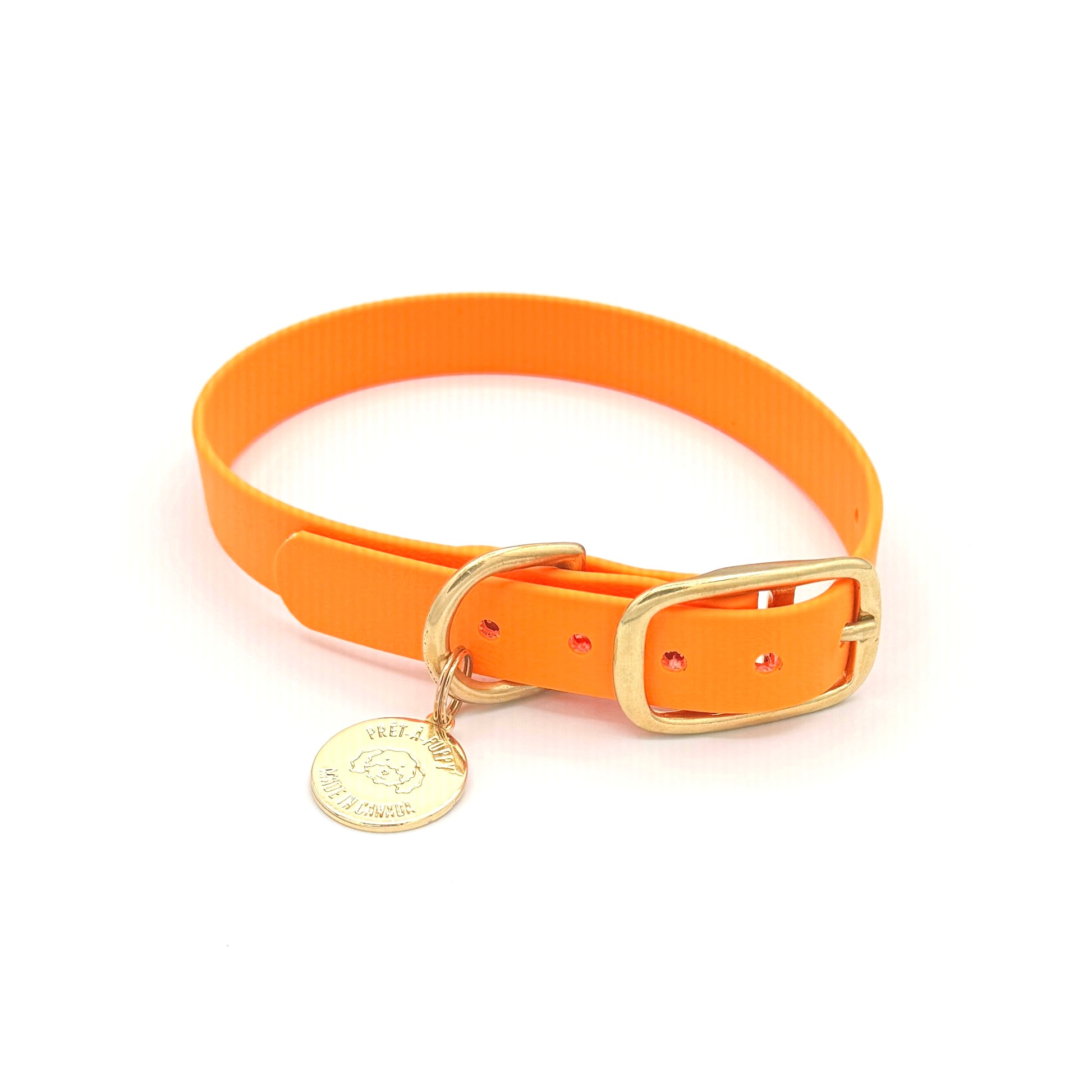 Stylish orange dog collar made from high-quality vegan leather, featuring elegant gold hardware. This waterproof collar is soft to the touch, ensuring comfort for your pet while providing durability for everyday use. Ideal for pet owners looking for a fashionable, and long-lasting accessory for their dog.