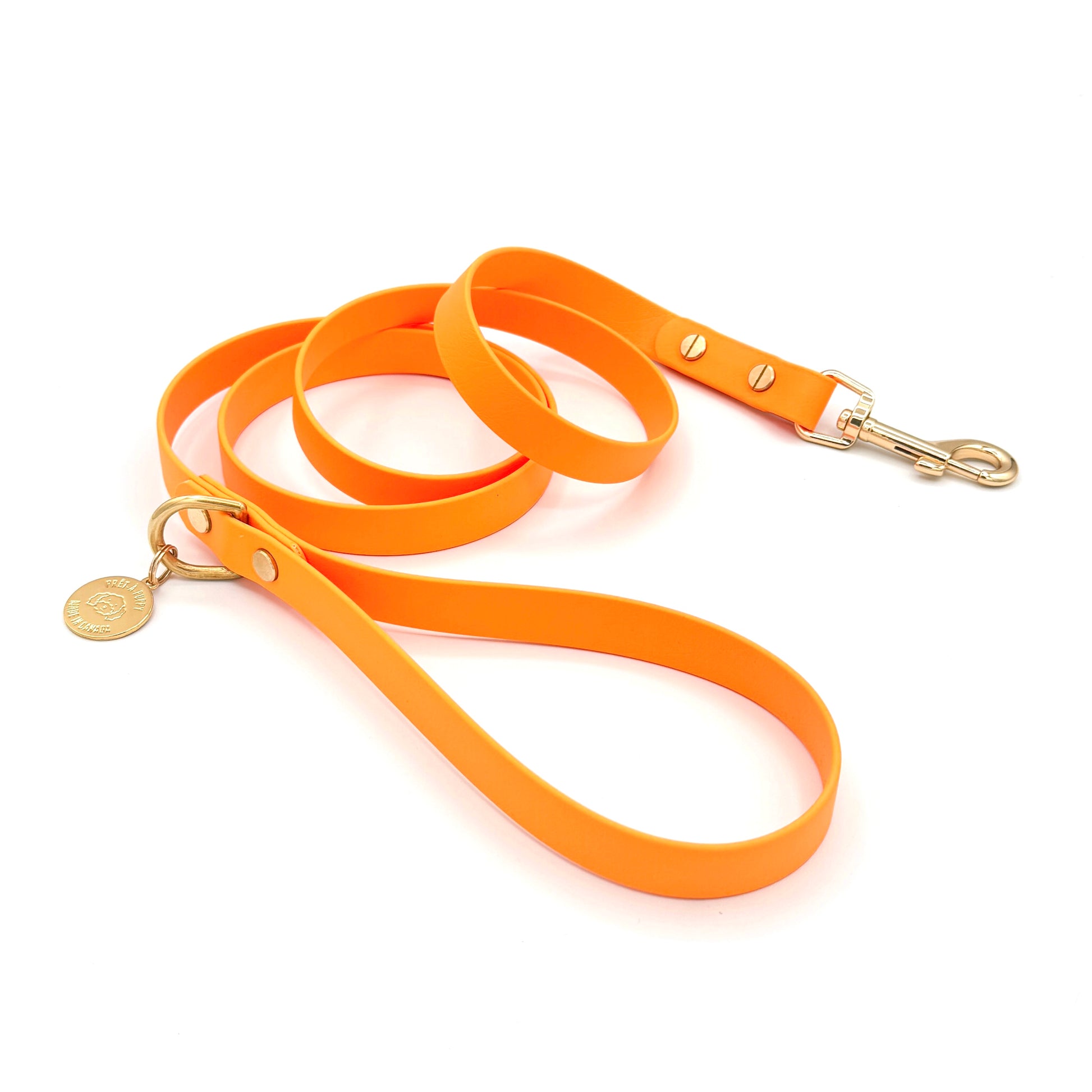 Stylish orange dog leash made from high-quality vegan leather, featuring elegant gold hardware. This waterproof leash is soft to the touch, ensuring comfort for pet owners while providing durability for everyday walks. Ideal for pet owners looking for a fashionable, and long-lasting accessory for their dog