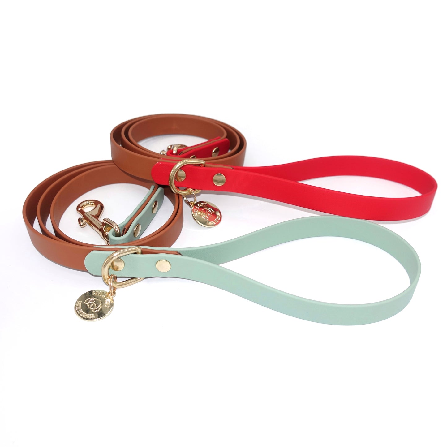 Two dog leashes one in brown and red, and one in brown and green on a white background