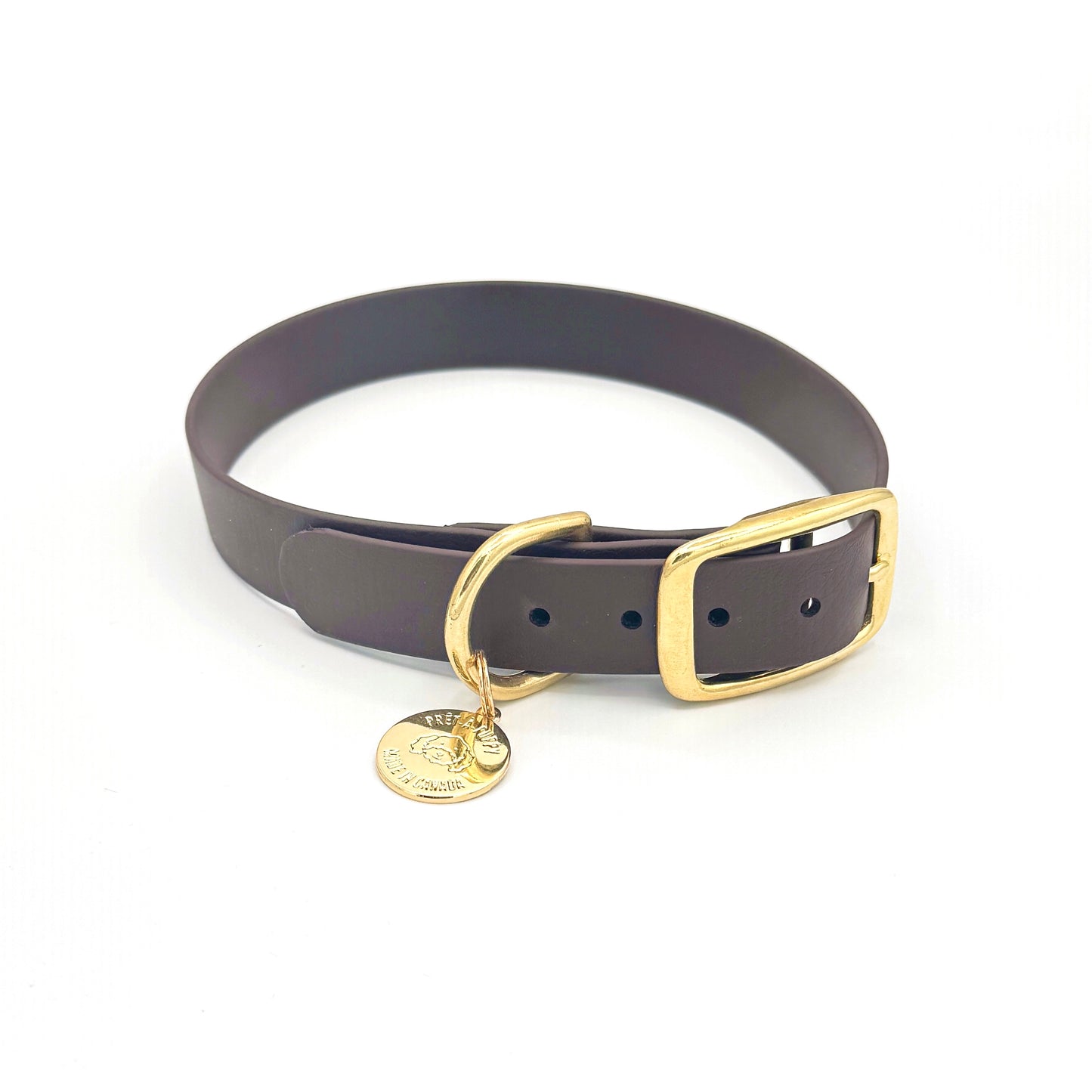 Stylish dark brown dog collar made from high-quality vegan leather, featuring elegant gold hardware. This waterproof collar is soft to the touch, ensuring comfort for your pet while providing durability for everyday use. Ideal for pet owners looking for a fashionable, and long-lasting accessory for their dog.