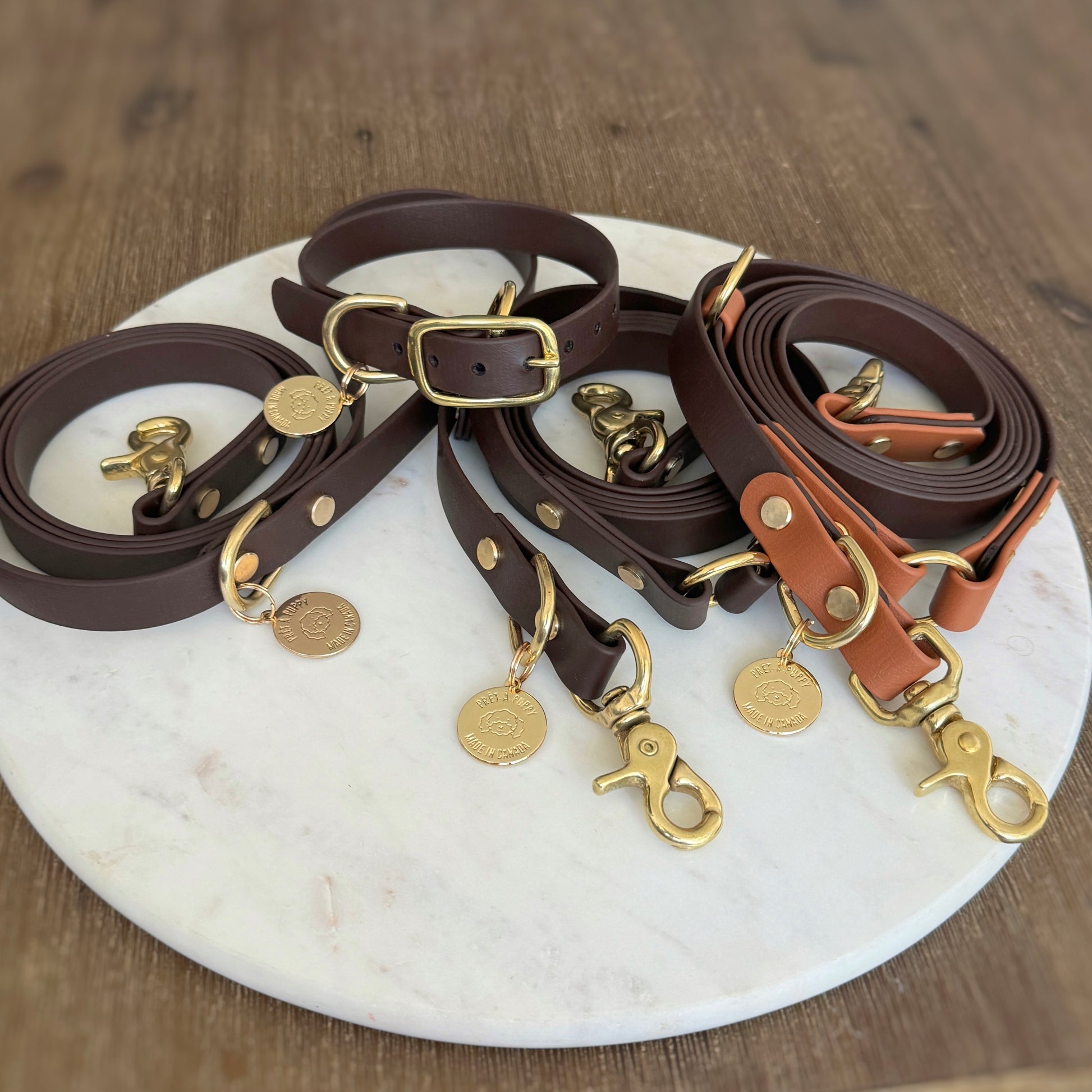 An espresso dark brown dog collar set made from soft-to-touch, waterproof vegan leather, featuring shiny brass gold hardware including a buckle and D-ring. Attached to the collar is a small charm that adds a touch of elegance. The overall design is simple yet stylish, perfect for a fashionable pet.