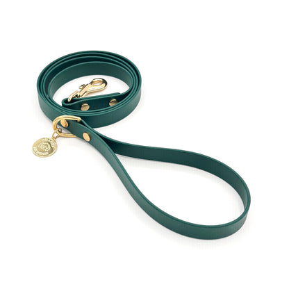 Stylish forest green dog leash made from high-quality vegan leather, featuring elegant gold hardware. This waterproof leash is soft to the touch, ensuring comfort for pet owners while providing durability for everyday walks. Ideal for pet owners looking for a fashionable, and long-lasting accessory for their dog