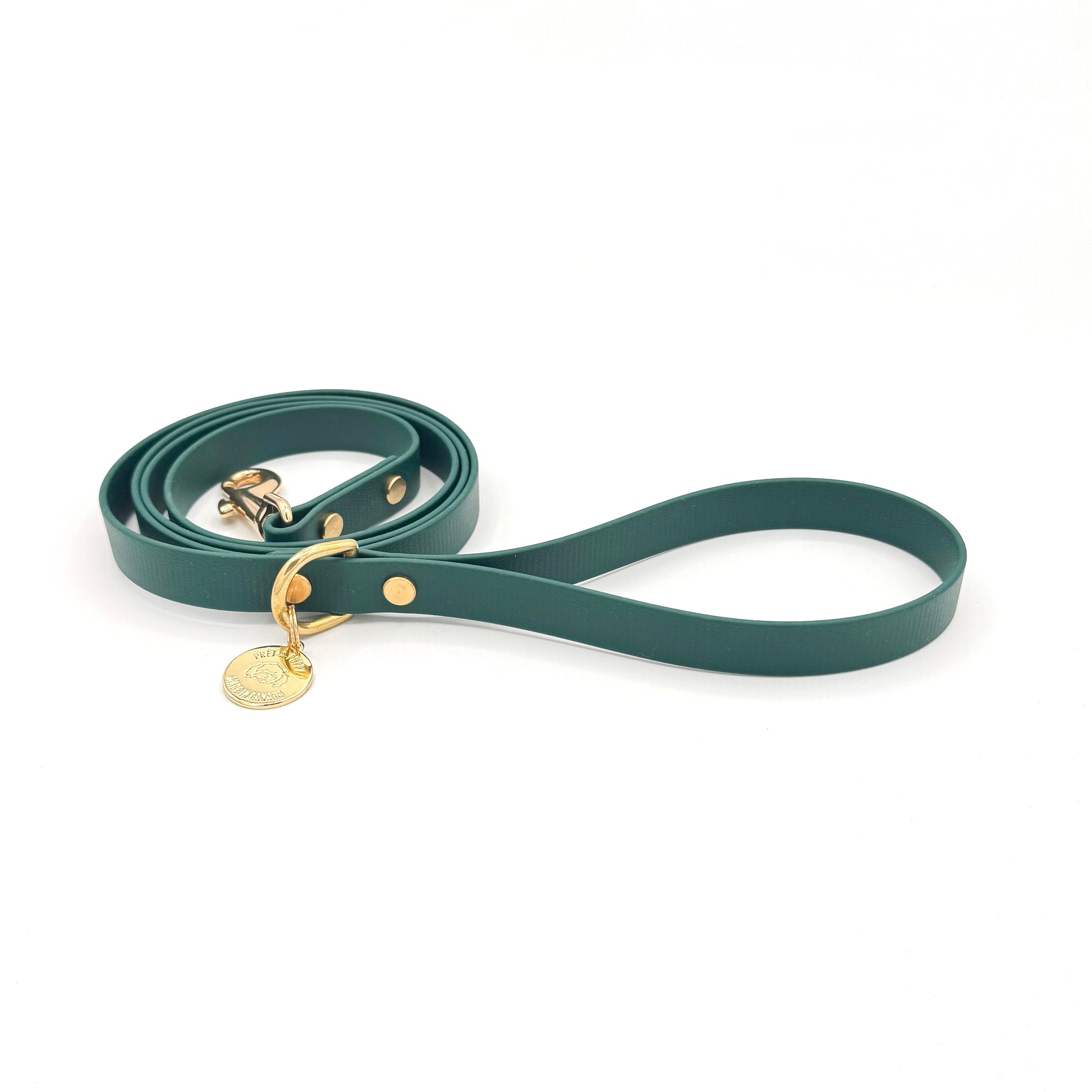 Stylish forest green dog leash made from high-quality vegan leather, featuring elegant gold hardware. This waterproof leash is soft to the touch, ensuring comfort for pet owners while providing durability for everyday walks. Ideal for pet owners looking for a fashionable, and long-lasting accessory for their dog