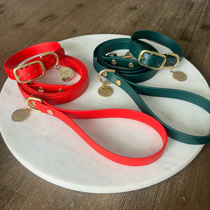 A forest green dog collar made from soft-to-touch, waterproof vegan leather, featuring shiny brass gold hardware including a buckle and D-ring. Attached to the collar is a small charm that adds a touch of elegance. The overall design is simple yet stylish, perfect for a fashionable pet. Also shown with a red collar