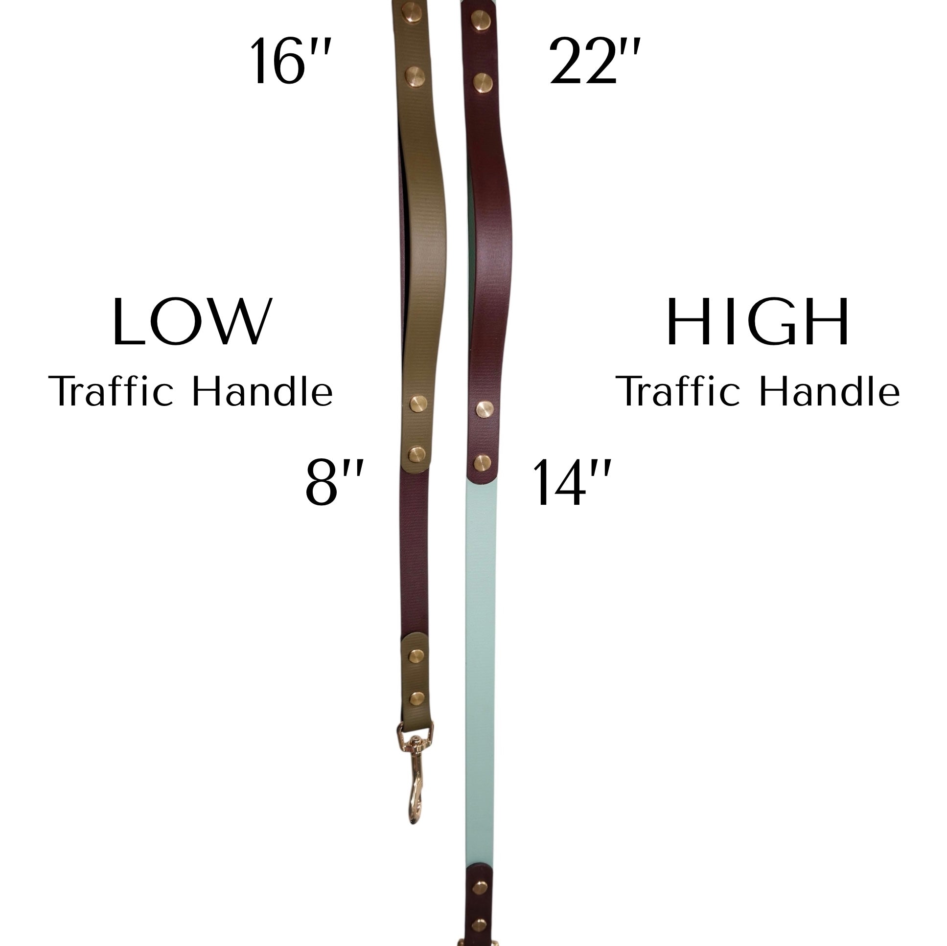 Two dog leads with measurements of traffic handles labeled on a white background. Text on image reads: High traffic handle showing measurements of 22"-14", and low traffic handle showing measurements of 16"-8". 