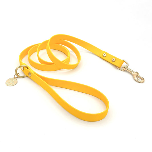 Stylish yellow dog leash made from high-quality vegan leather, featuring elegant gold hardware. This waterproof leash is soft to the touch, ensuring comfort for pet owners while providing durability for everyday walks. Ideal for pet owners looking for a fashionable, and long-lasting accessory for their dog