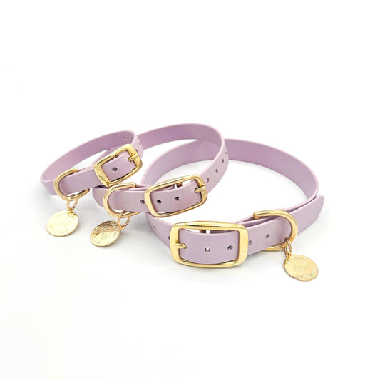 Stylish lilac light purple dog collar made from high-quality vegan leather, featuring elegant gold hardware. This waterproof collar is soft to the touch, ensuring comfort for your pet while providing durability for everyday use. Ideal for pet owners looking for a fashionable, and long-lasting accessory for their dog.