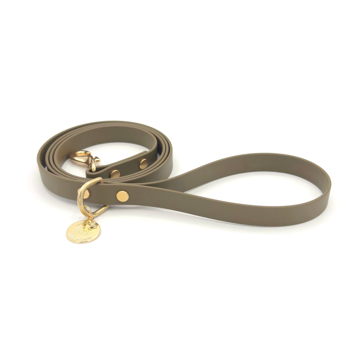 Stylish olive green dog leash made from high-quality vegan leather, featuring elegant gold hardware. This waterproof leash is soft to the touch, ensuring comfort for pet owners while providing durability for everyday walks. Ideal for pet owners looking for a fashionable, and long-lasting accessory for their dog