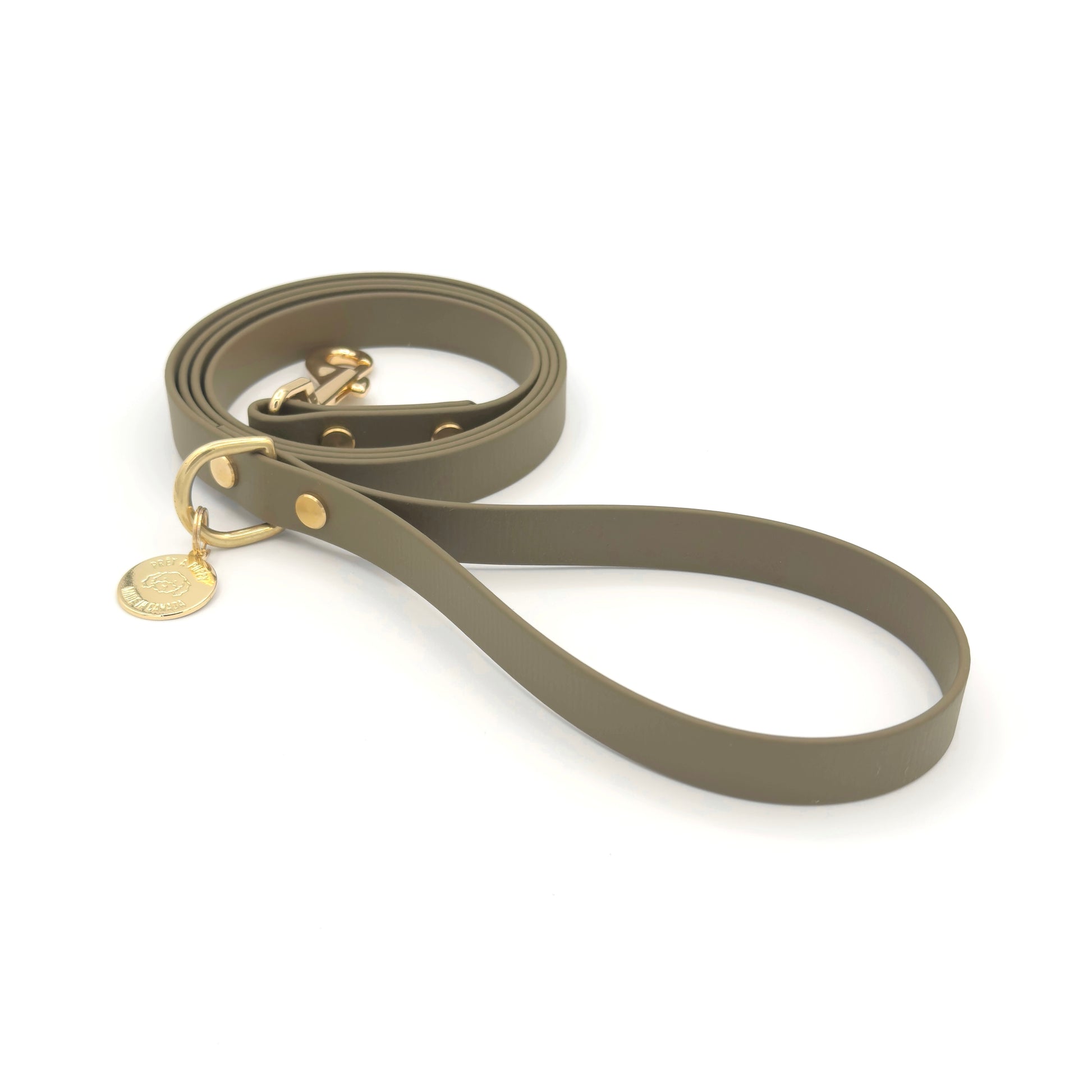 Stylish olive green dog leash made from high-quality vegan leather, featuring elegant gold hardware. This waterproof leash is soft to the touch, ensuring comfort for pet owners while providing durability for everyday walks. Ideal for pet owners looking for a fashionable, and long-lasting accessory for their dog