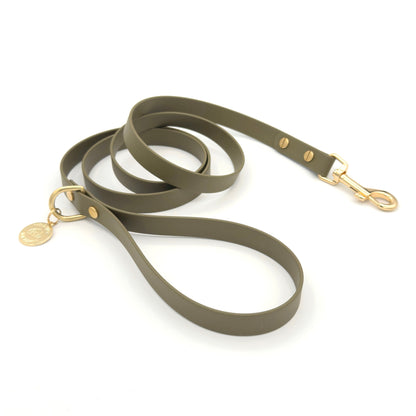 Stylish olive green dog leash made from high-quality vegan leather, featuring elegant gold hardware. This waterproof leash is soft to the touch, ensuring comfort for pet owners while providing durability for everyday walks. Ideal for pet owners looking for a fashionable, and long-lasting accessory for their dog