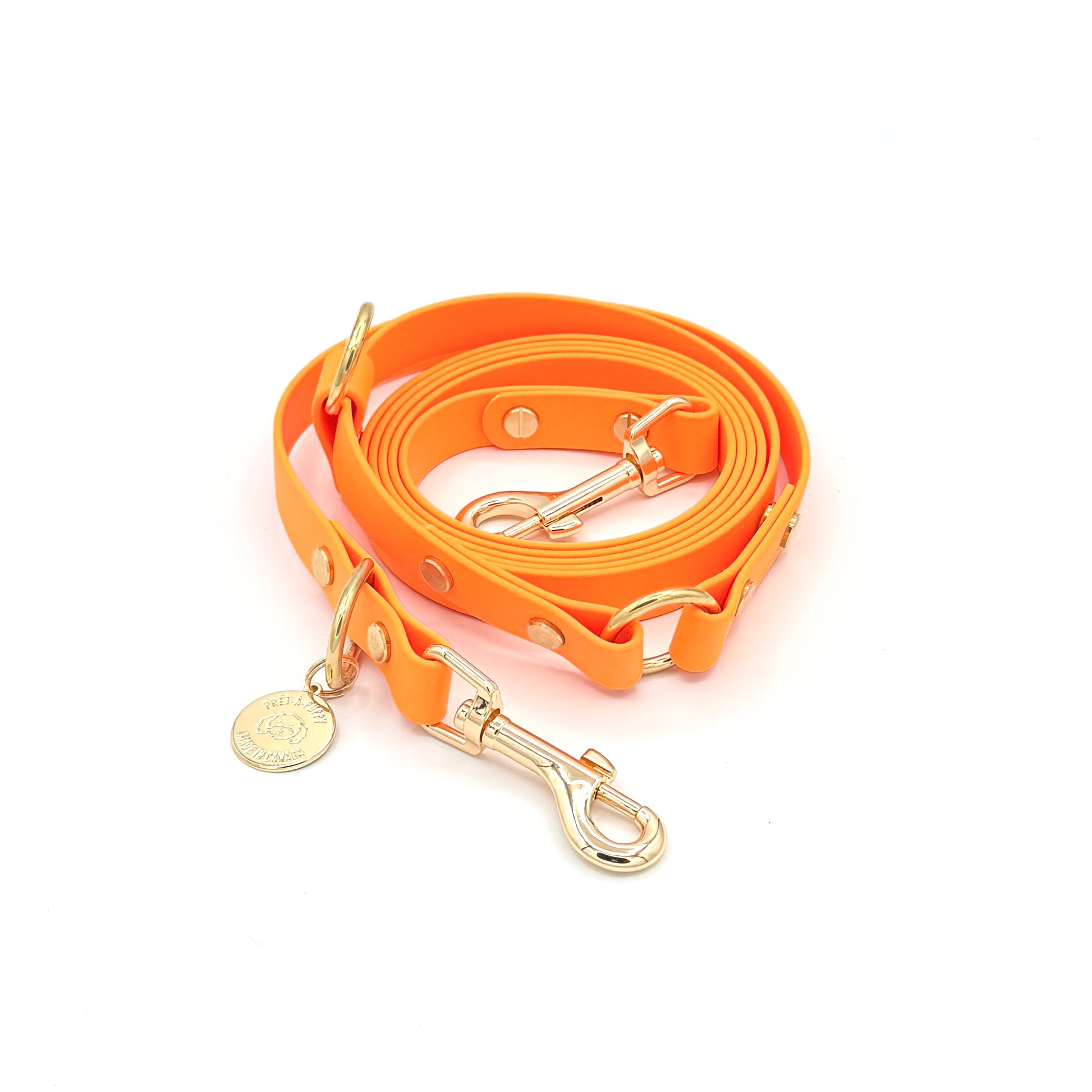 Orange Biothane hands-free dog leash with gold hardware, waterproof and versatile for waist or crossbody wear