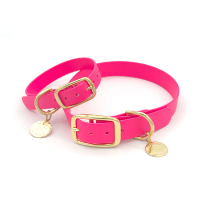 Stylish hot pink dog collar made from high-quality vegan leather, featuring elegant gold hardware. This waterproof collar is soft to the touch, ensuring comfort for your pet while providing durability for everyday use. Ideal for pet owners looking for a fashionable, and long-lasting accessory for their dog.