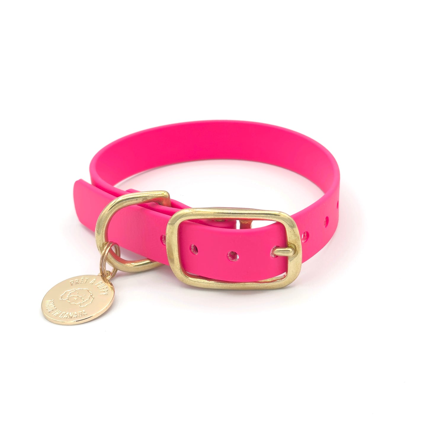 Stylish hot pink dog collar made from high-quality vegan leather, featuring elegant gold hardware. This waterproof collar is soft to the touch, ensuring comfort for your pet while providing durability for everyday use. Ideal for pet owners looking for a fashionable, and long-lasting accessory for their dog.