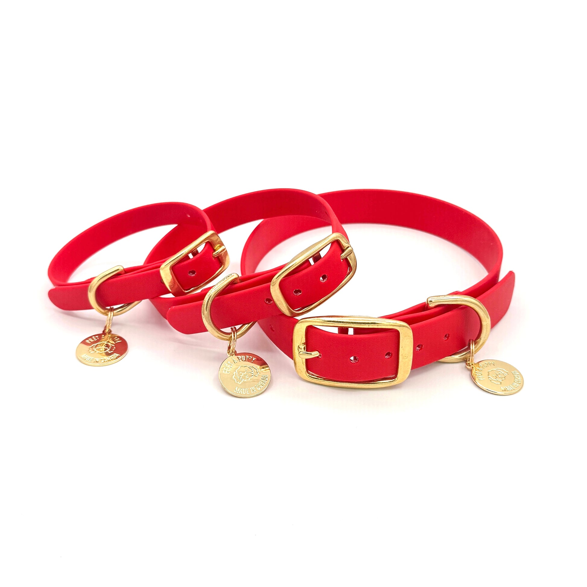 Stylish red dog collar made from high-quality vegan leather, featuring elegant gold hardware. This waterproof collar is soft to the touch, ensuring comfort for your pet while providing durability for everyday use. Ideal for pet owners looking for a fashionable, and long-lasting accessory for their dog.