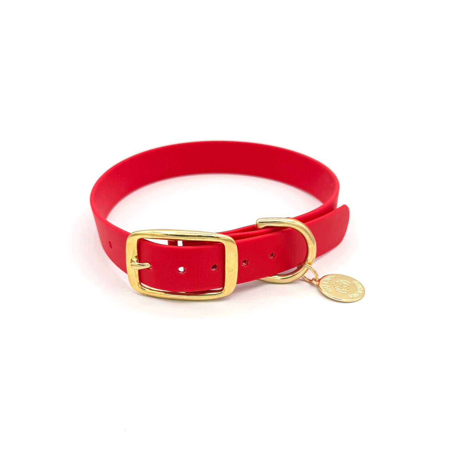 Stylish red dog collar made from high-quality vegan leather, featuring elegant gold hardware. This waterproof collar is soft to the touch, ensuring comfort for your pet while providing durability for everyday use. Ideal for pet owners looking for a fashionable, and long-lasting accessory for their dog.