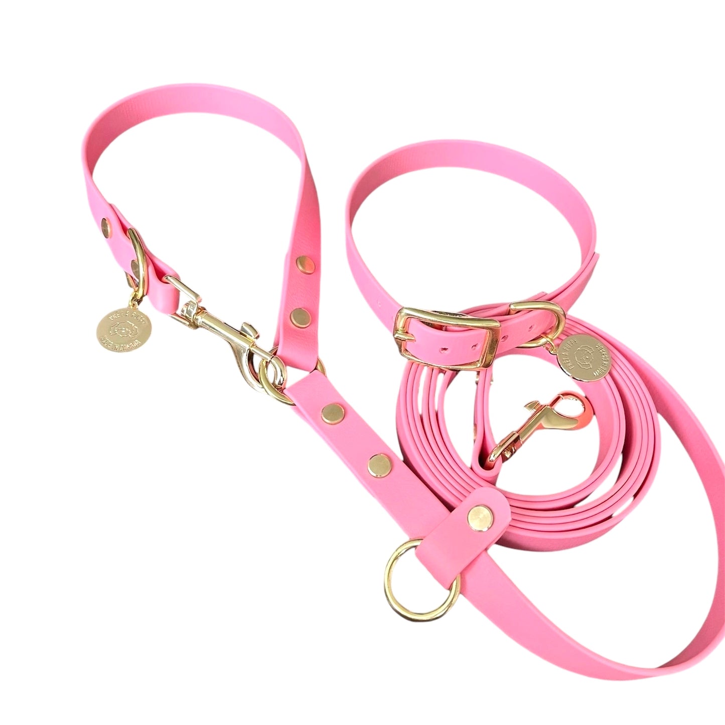 Light Pink Biothane hands-free dog leash with gold hardware, waterproof and versatile for waist or crossbody wear