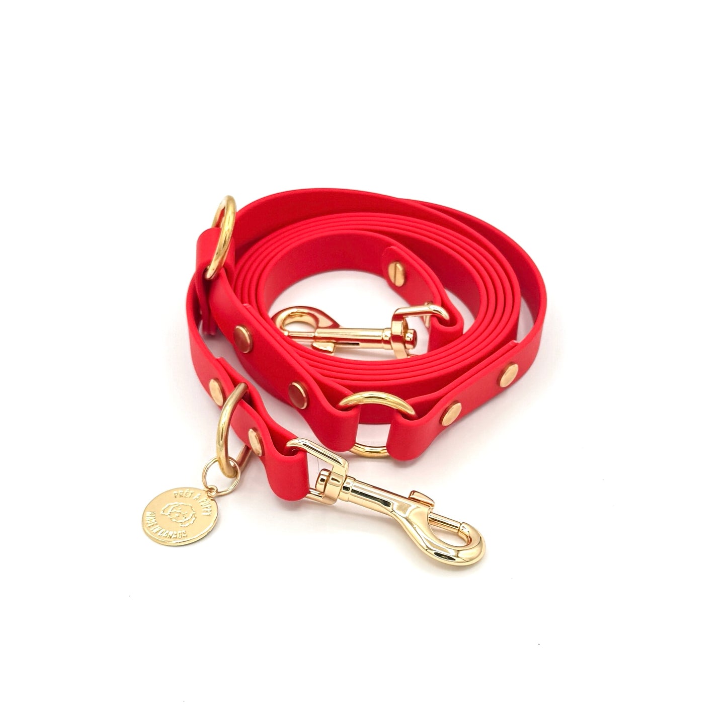 Red Biothane hands-free dog leash with gold hardware, waterproof and versatile for waist or crossbody wear