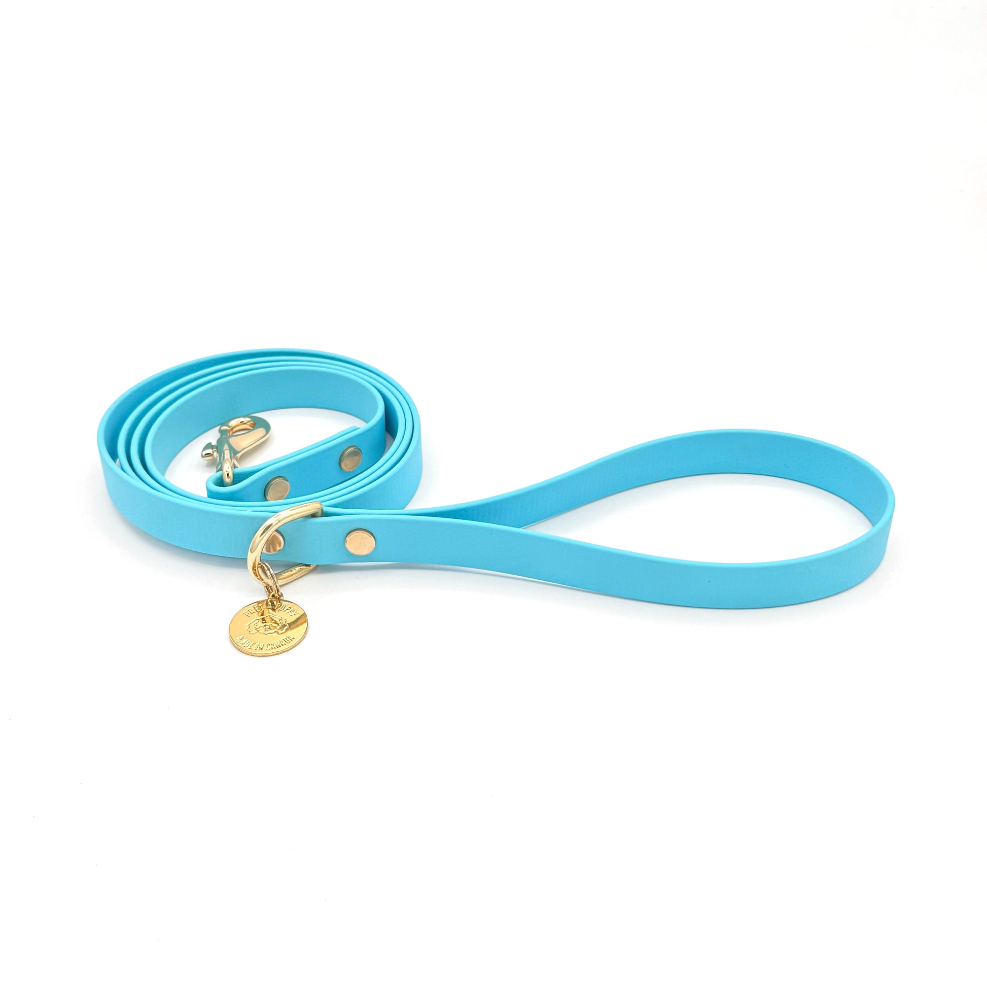 Stylish light blue dog leash made from high-quality vegan leather, featuring elegant gold hardware. This waterproof leash is soft to the touch, ensuring comfort for pet owners while providing durability for everyday walks. Ideal for pet owners looking for a fashionable, and long-lasting accessory for their dog