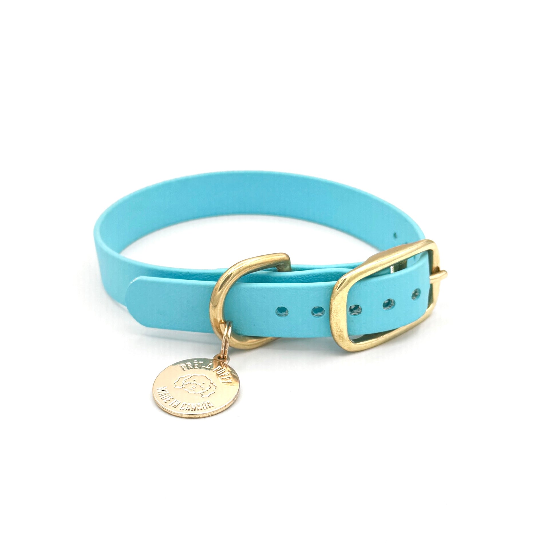 Stylish light blue dog collar made from high-quality vegan leather, featuring elegant gold hardware. This waterproof collar is soft to the touch, ensuring comfort for your pet while providing durability for everyday use. Ideal for pet owners looking for a fashionable, and long-lasting accessory for their dog.