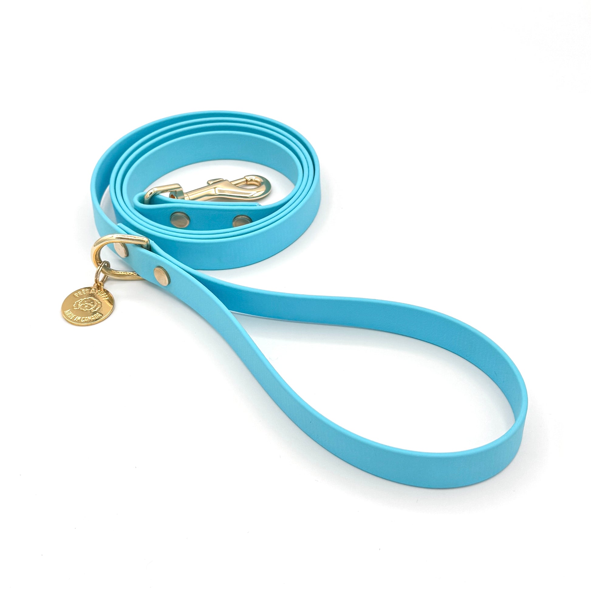 Stylish light blue dog leash made from high-quality vegan leather, featuring elegant gold hardware. This waterproof leash is soft to the touch, ensuring comfort for pet owners while providing durability for everyday walks. Ideal for pet owners looking for a fashionable, and long-lasting accessory for their dog