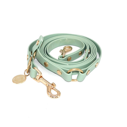 Sage Biothane hands-free dog leash with gold hardware, waterproof and versatile for waist or crossbody wear
