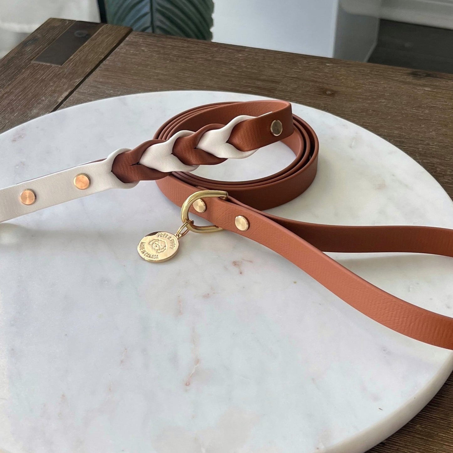 Tan Brown Braided dog leash crafted from soft, waterproof vegan leather, featuring sturdy shiny gold hardware, including a buckle and D-ring. Enhanced with an elegant charm, this fashionable leash seamlessly blends style and functionality, ideal for the modern pet owner.