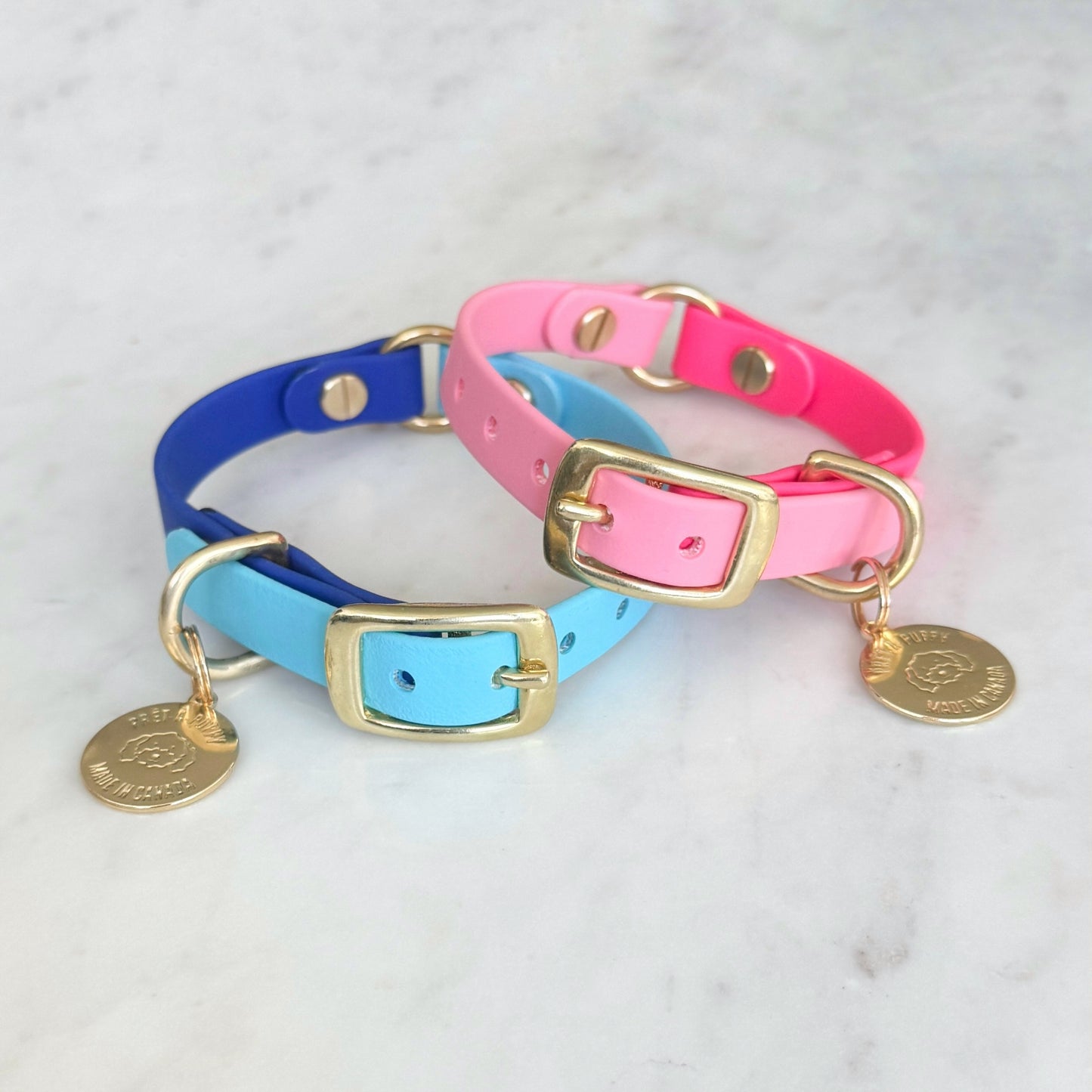 Biothane waterproof dog collar with gold brass hardware, durable and stylish, pink and blue