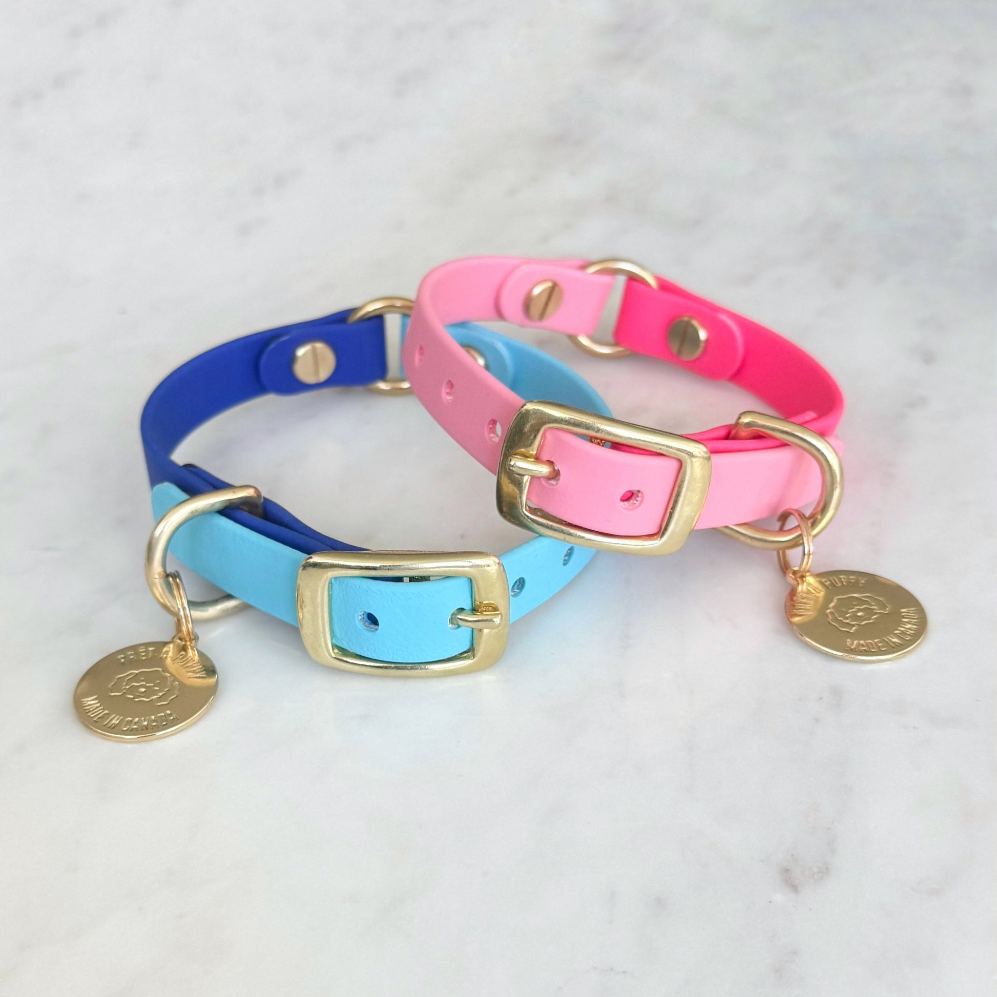 Biothane waterproof dog collar with gold brass hardware, durable and stylish, pink and blue
