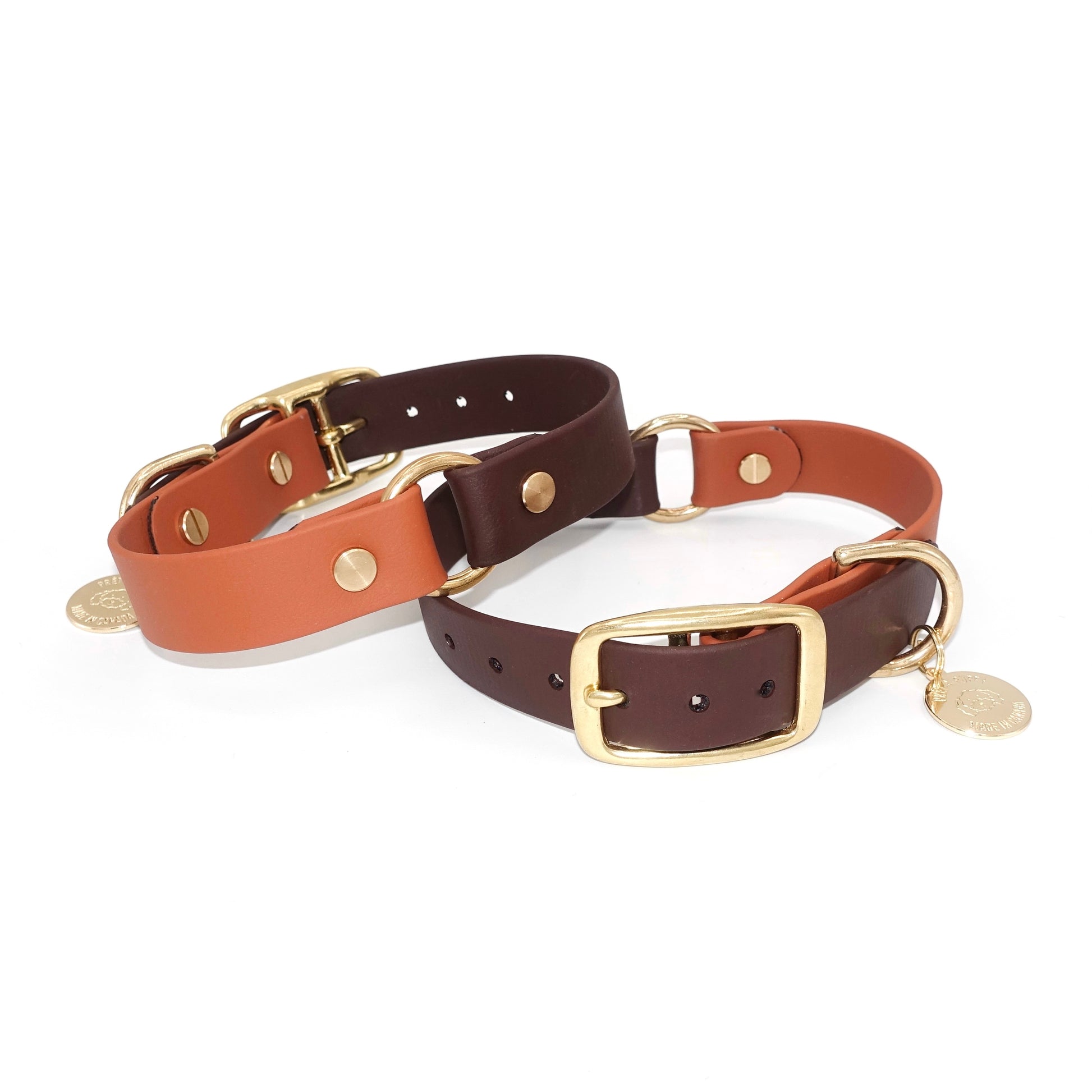 Brown Espresso Biothane waterproof dog collar with gold brass hardware, durable and stylish