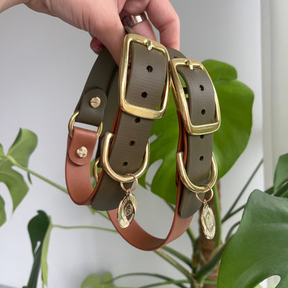 Olive Tan Biothane waterproof dog collar with gold brass hardware, durable and stylish