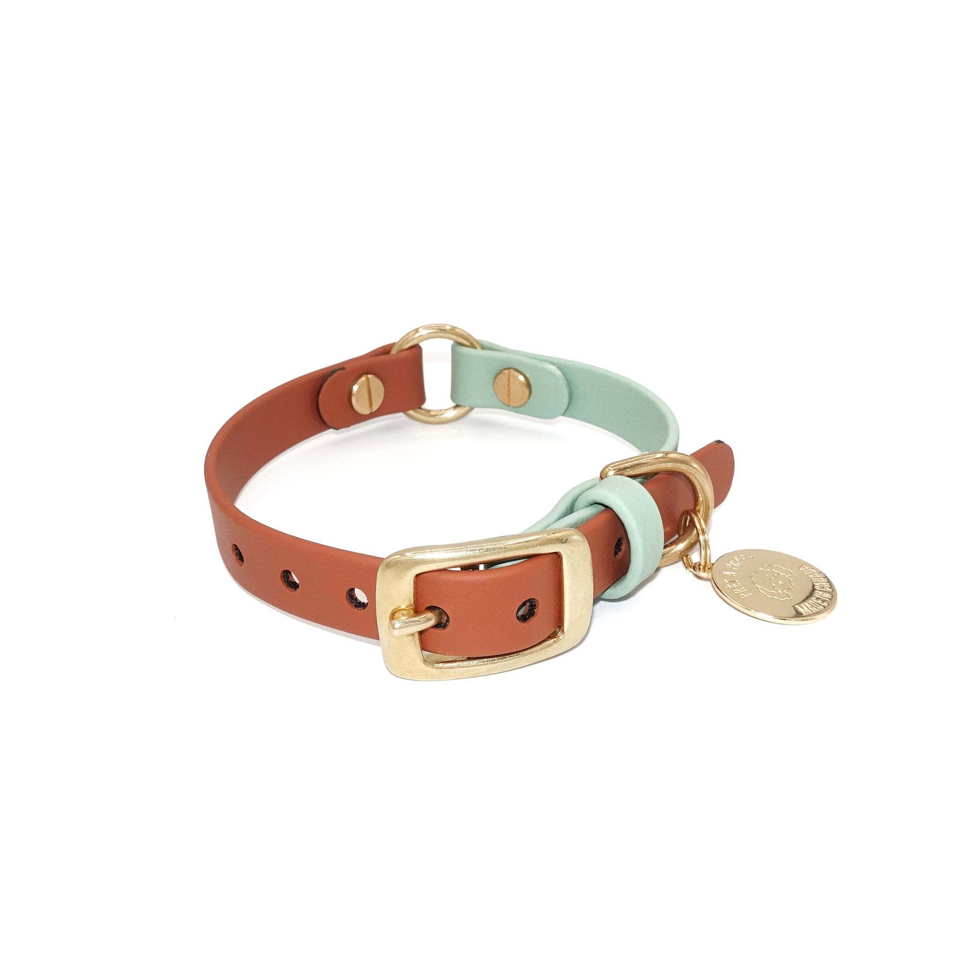 Sage Brown Biothane waterproof dog collar with gold brass hardware, durable and stylish
