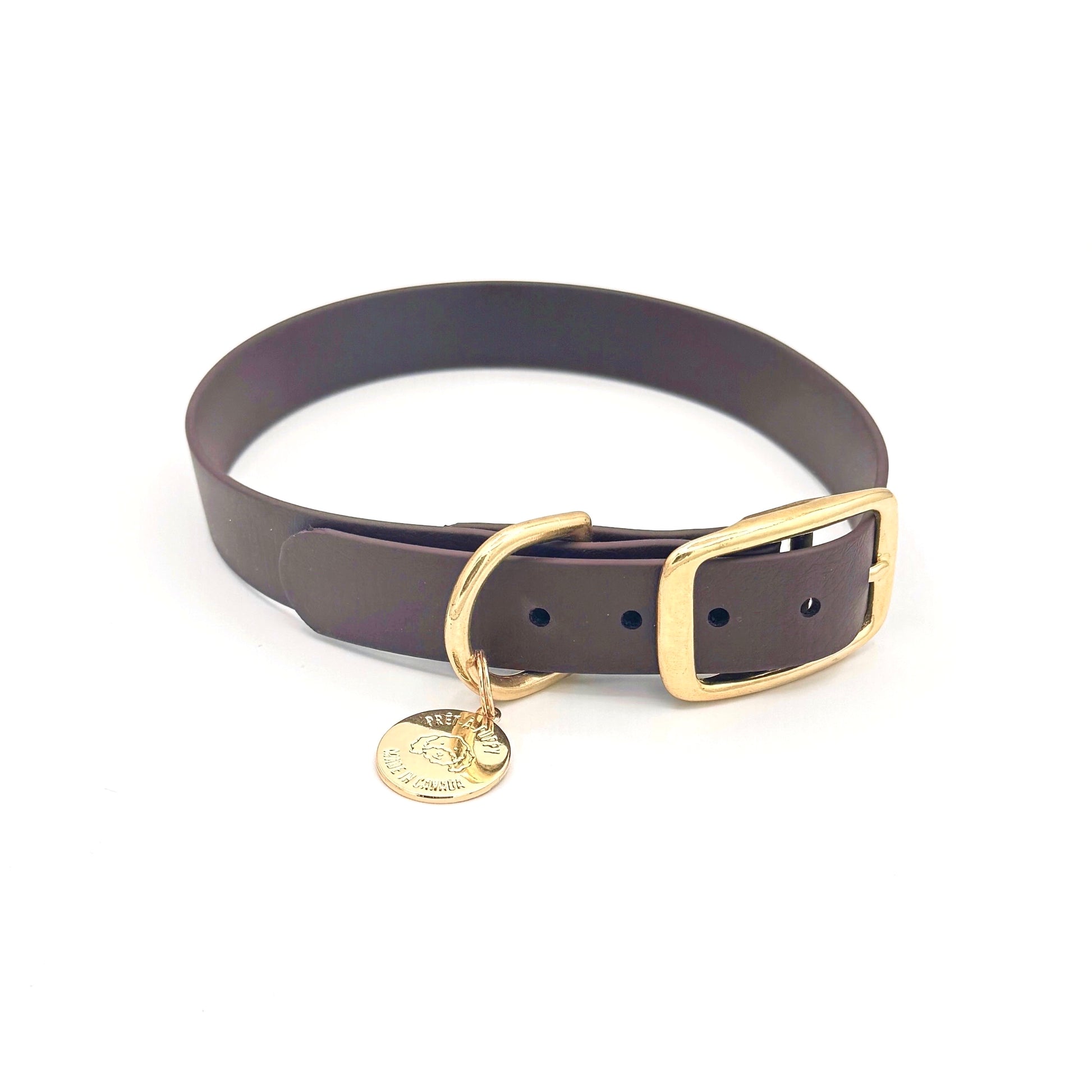 Espresso Dark Brown Biothane dog collar with gold hardware, waterproof and durable, stylish for daily dog walks