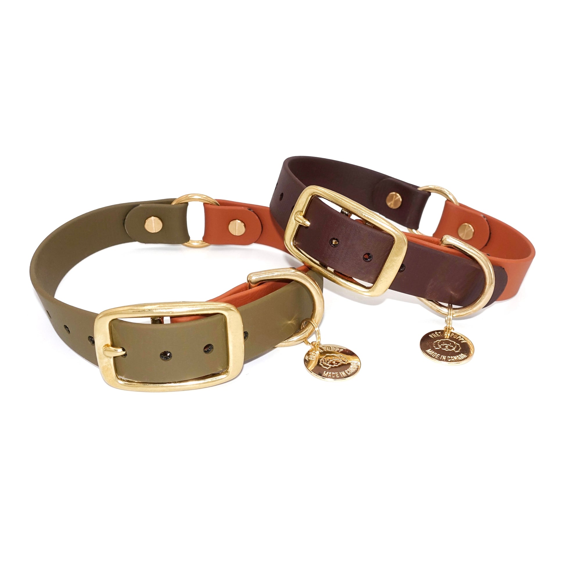 Custom Biothane waterproof dog collar with gold brass hardware, durable and stylish