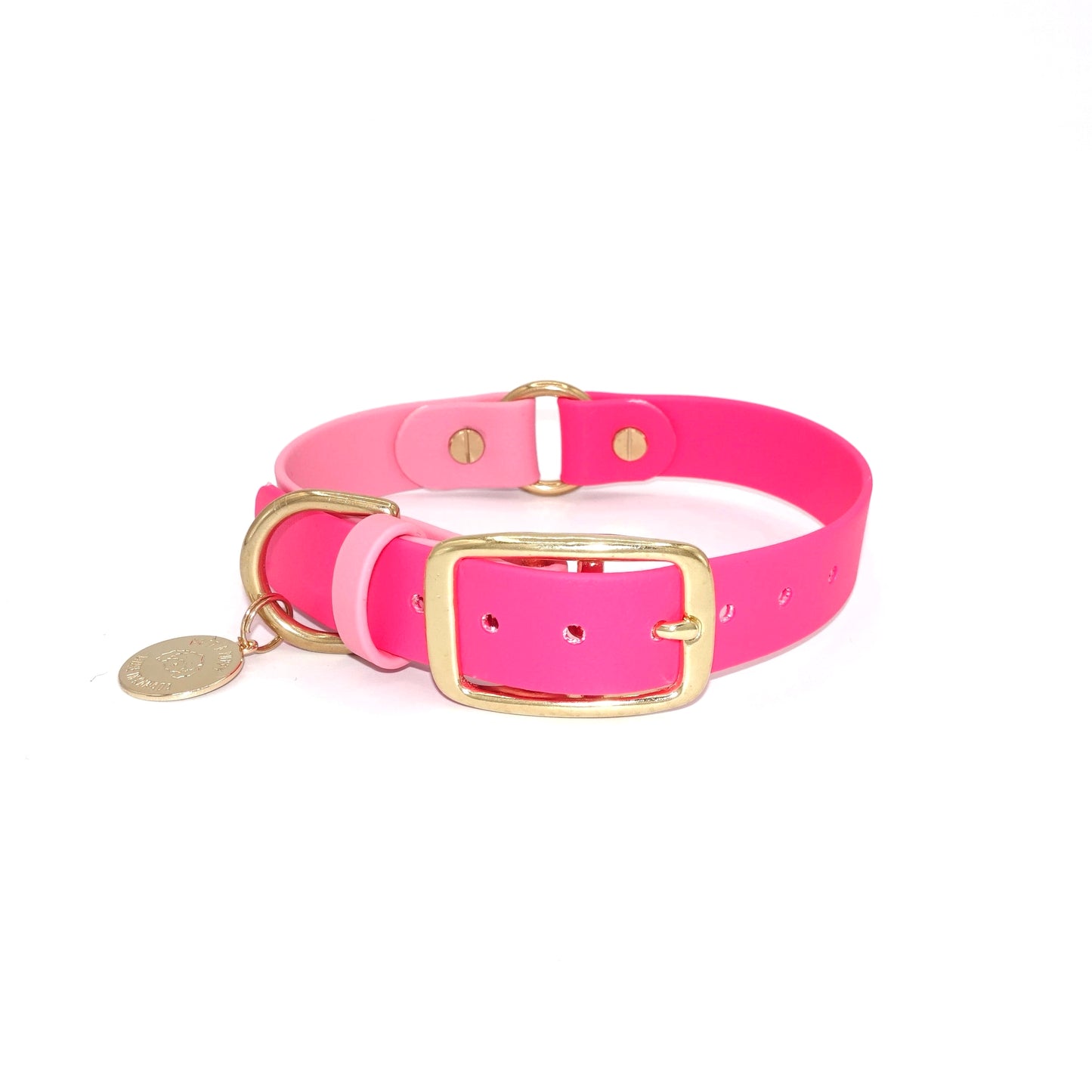Pink Biothane waterproof dog collar with gold brass hardware, durable and stylish