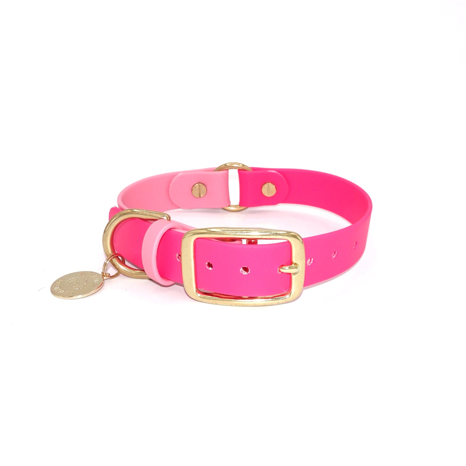 Pink Biothane waterproof dog collar with gold brass hardware, durable and stylish