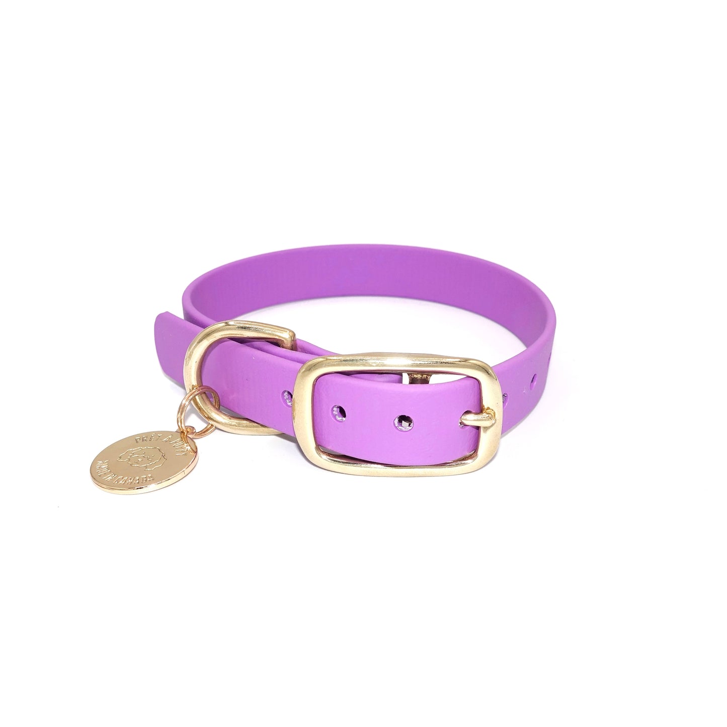 Amethyst Purple Biothane dog collar with gold hardware, waterproof and durable, stylish for daily dog walks