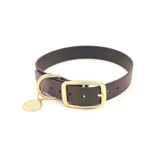 Espresso Dark Brown Biothane dog collar with gold hardware, waterproof and durable, stylish for daily dog walks
