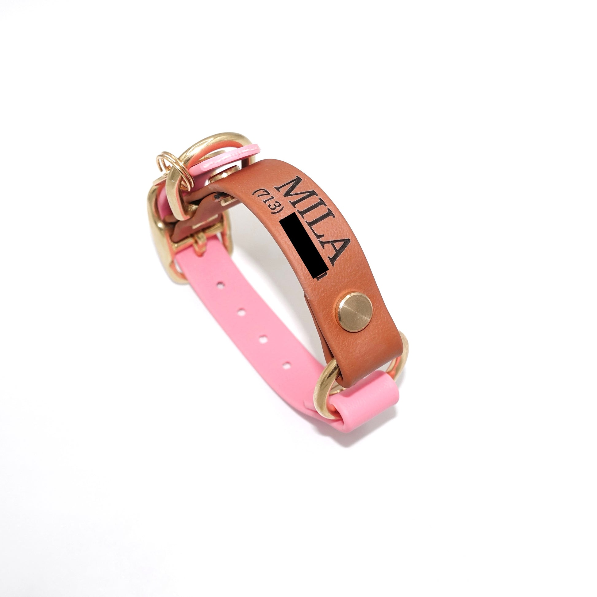 Custom engraved dog ID nameplate for collar or leash, personalized with pet name and phone number