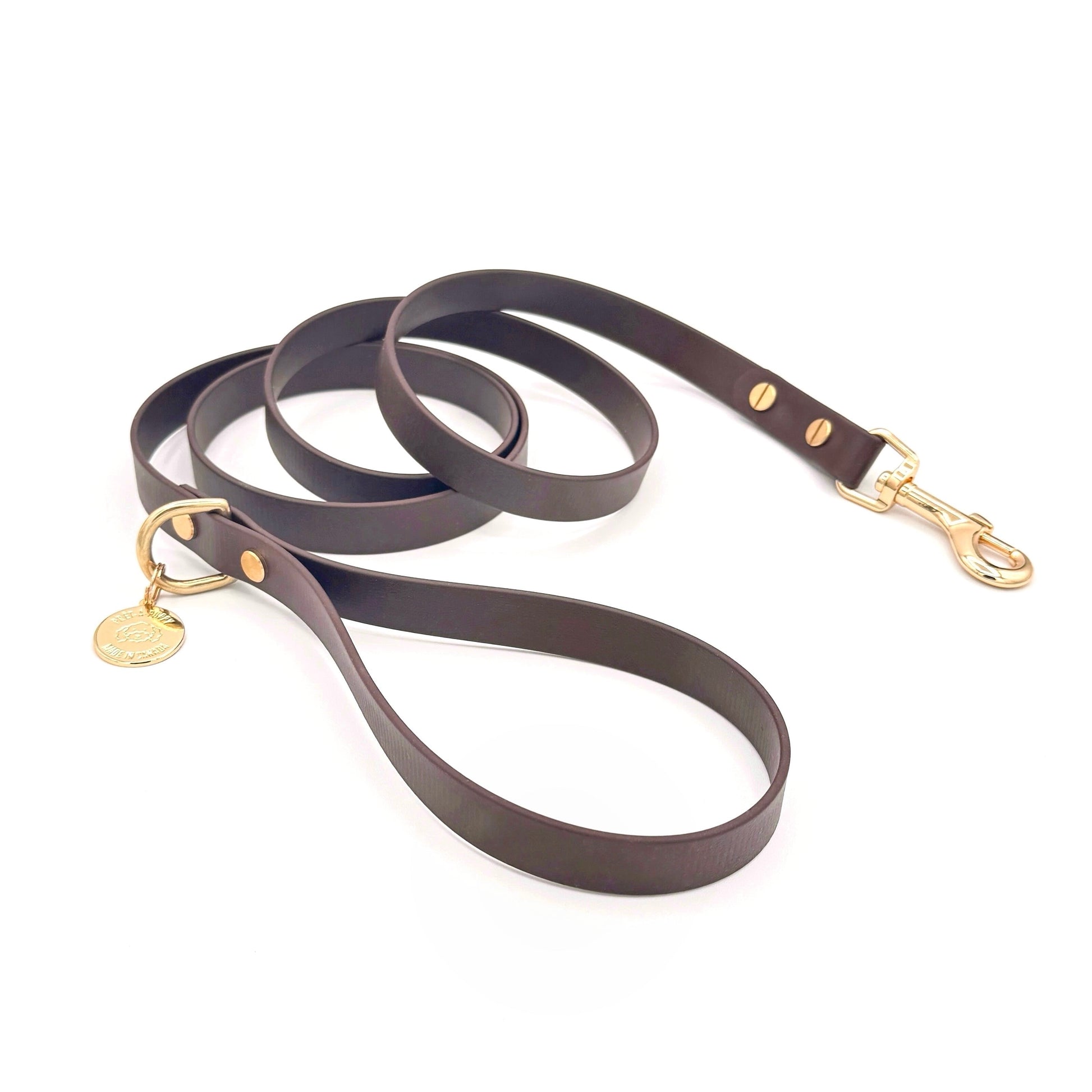 espresso dark brown Biothane dog leash with gold hardware, waterproof and durable, stylish for daily dog walks