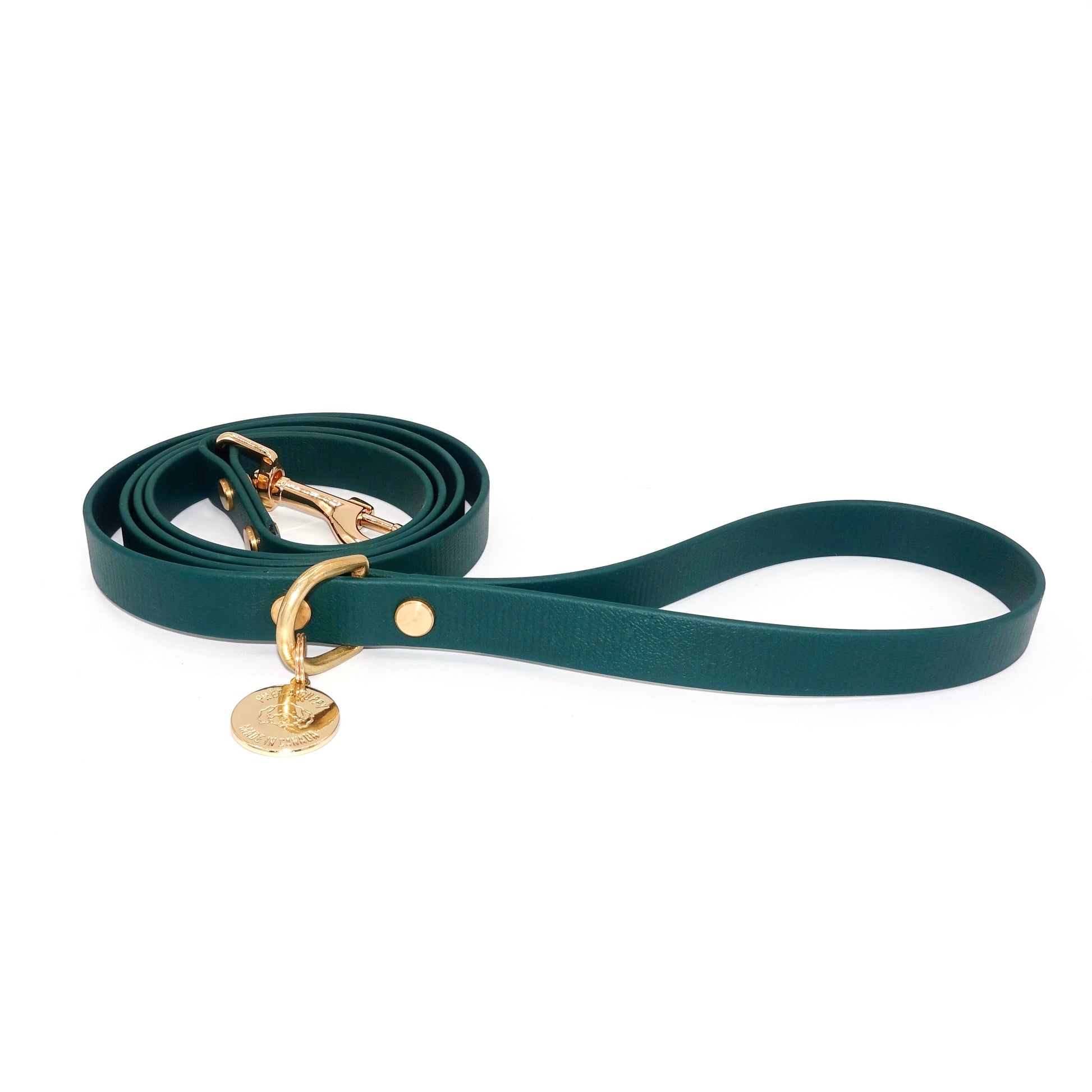 Forest Green Biothane dog leash with gold hardware, waterproof and durable, stylish for daily dog walks