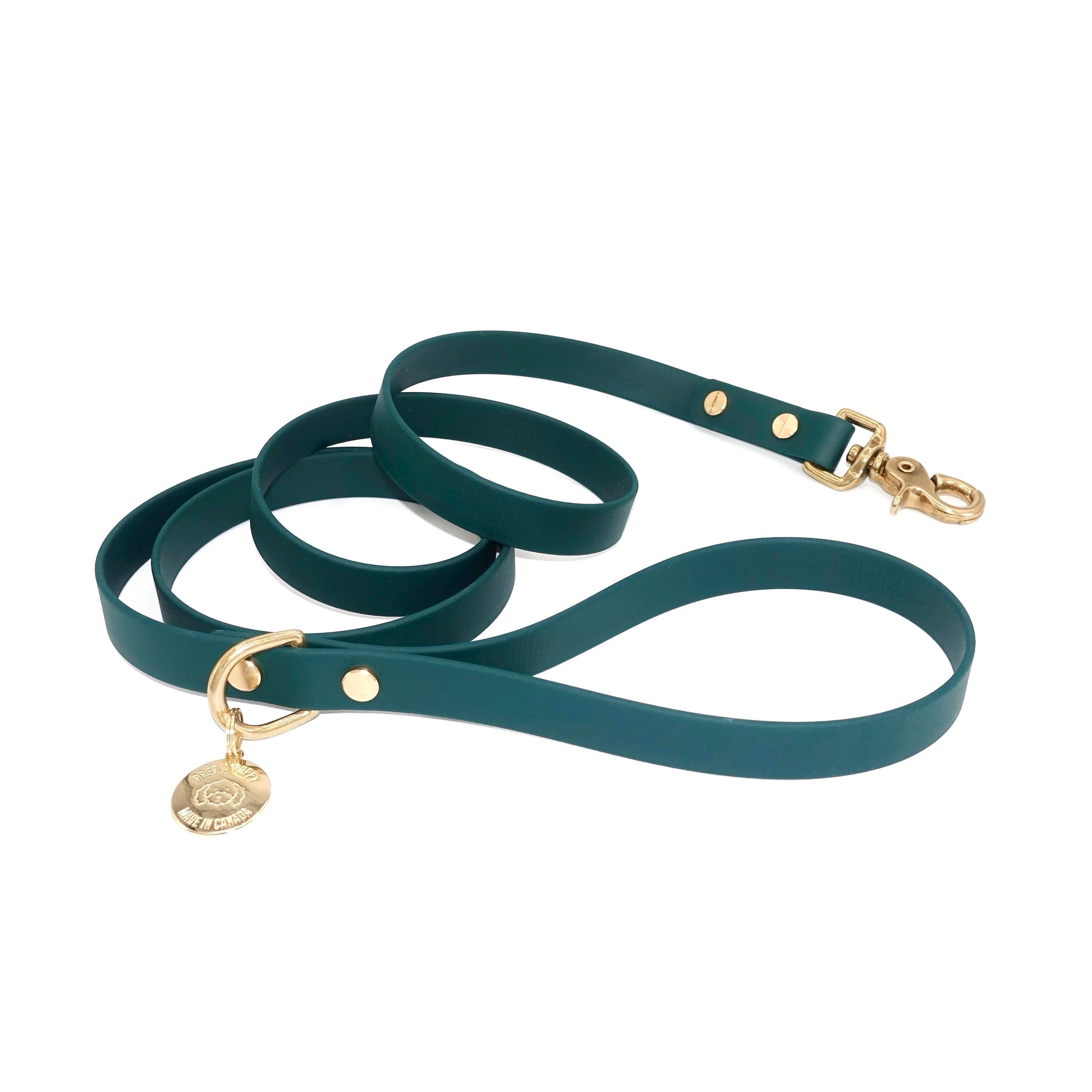 Forest Green Biothane dog leash with gold hardware, waterproof and durable, stylish for daily dog walks
