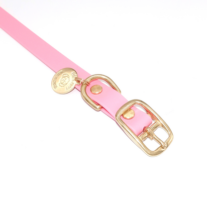 Light Pink Biothane waterproof dog collar with gold brass hardware, durable and stylish 